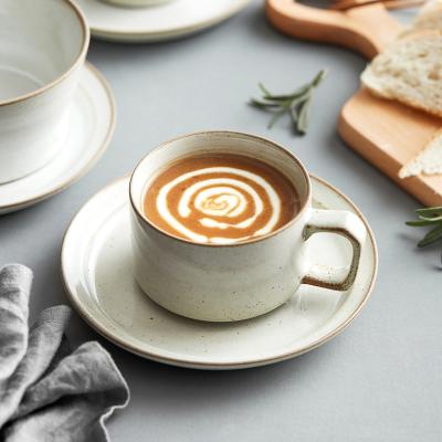 China Amazon Sustainable Hot Selling Eco-friendly Vintage Stoneware Coffee Cup And Saucer Set Ceramic Coffee Mug for sale
