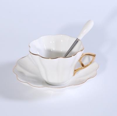 China Sustainable Light Weight Luxury White Coffee Cup And Saucer With Gold Handle Fine Bone China Coffee Cups For Coffee for sale