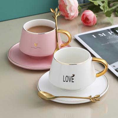 China European Style Macaron Gold Handle Coffee Mug Coffee Cup And Saucer With Spoon for sale