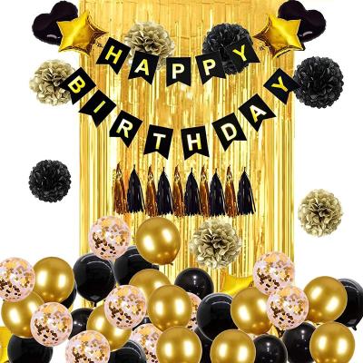 China Party Deco Black Gold Birthday Party Decorations Black and Gold Party Decoration Including Happy Birthday Banner Tassels Curtain Metallic Pompoms for sale