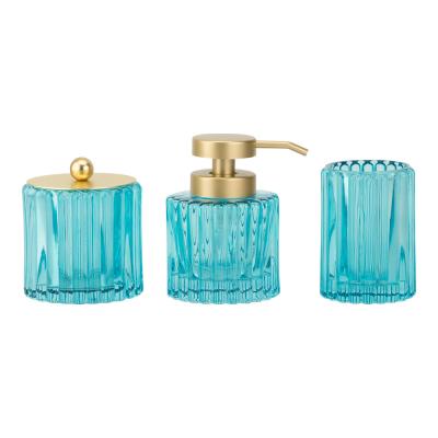 China Blue Glass Modern Bathroom Accessories Round Shape With vertical Stripe Bathroom Soap Dispenser for sale
