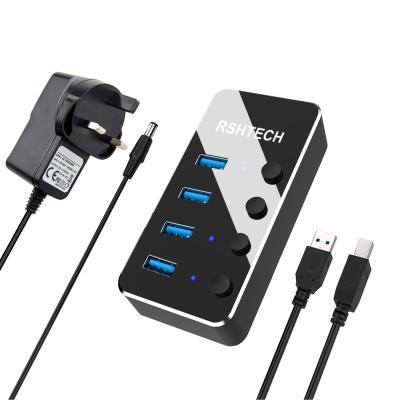 China Transfer Data RSHTECH Powered USB Hub AC 5V/2A On/Off Switches 5Gbps 4 USB 3.0 Universal Individual High-Speed Port Hub For PC Laptop for sale