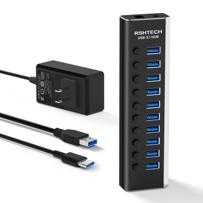 China RSHTECH 10Gbps Plug and Play USB Hub Power Adapter Splitter 12V/3A USB C Hub 10 Port SuperSpeed Powered USB 3.1/3.2 Gen 2 Hub for Laptop PC for sale