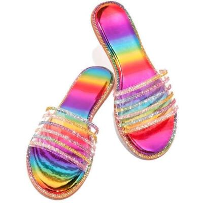 China 2021 Trend New Design Diamond Bling Casual Slippers One-Line Sandals Casual Flat Shoes Beach Fashion Rainbow Sandals for sale