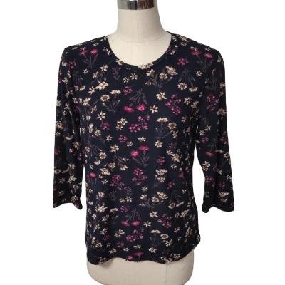 China Silk Fabric 94%Polyester 6%Spandex O Neck Floral Print Women Anti-Wrinkle T-shirt Long Sleeve Women's T-Shirts Casual T-Shirts for sale