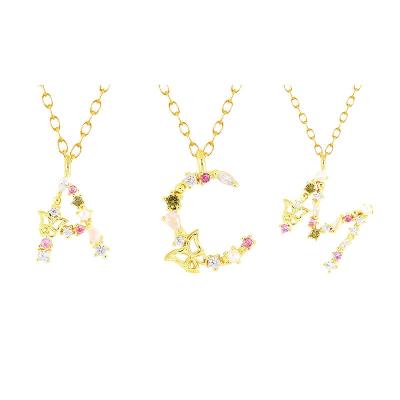 China TRENDY 925 Sterling Silver Butterfly Necklace Diamond Letter Colorful Gold Plated Chain Necklaces For Women Girls Kids for sale