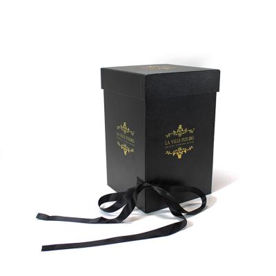 China High Quality Biodegradable Black Cardboard Gold Foil Paper Flower Lid And Base Box With Ribbons for sale