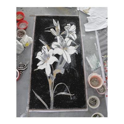 China ZF Parquet Customized Mosaics Pattern Flower Mosaic Stone Slab Black And White Mural For Wall Or Floor Decor Made In China for sale