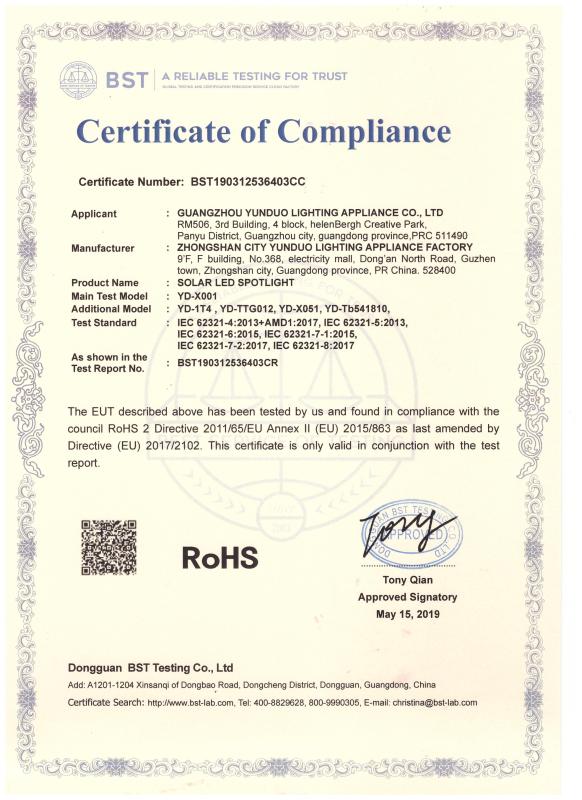 RoHS - Zhongshan Yunduo Lighting Appliance Factory