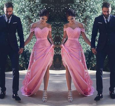 China Anti-Static Off-Shoulder Sleeveless Luxury Elegant Prom Dress Satin Sweep Train Appliqued Formal Evening Party Wear Dress 2018 for sale