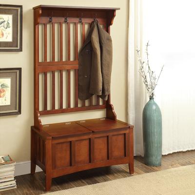China Brown rustic hall tree has wooden coat hook with shoe storage cabinet for sale