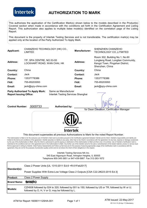 UL - Shenzhen Chanzeho Technology Co., Ltd.