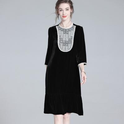 China Anti-wrinkle Professional custom velvet dress beaded round neck lace stitching long sleeve dresses women dresses elegant for sale