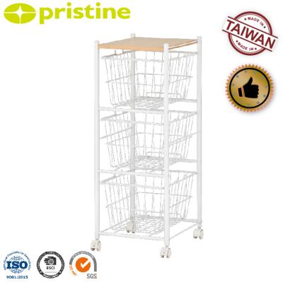 China Wholesale Metal Shopee Amazon eBay Taiwan Storage Furniture Manufacturer 3 Tier Basket Rolling Cart With MDF Kitchen Furniture for sale