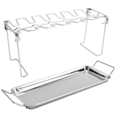 China Corrosion Resistance 14 slot stainless steel folding roast chicken leg rack for grilling with tray for sale