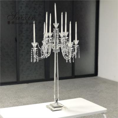China 9 Arms Tall Luxury Clear Crystal Candle Holder For Dining Table Wedding Centerpiece Home Decor for sale