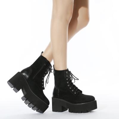 China Fashion Latest Arrival Women Waterproof Boots Shoes 8 Cm Heeled Boots Factory Bottom Strap Platform Custom Black Ankle Boots For Women for sale