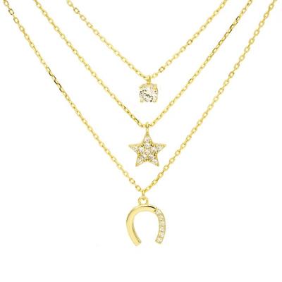 China Trendy Moon Star Chain Luxury Three Layers Pendant Necklace Set Multilayer Gold Plated Necklace for sale