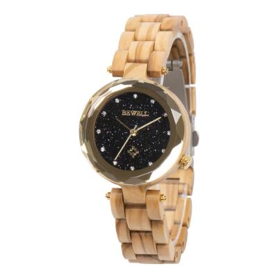 China Custom Diamond Shaped Glass Starry Back Stainless Steel Case Ladies Moon Phase Dial Wood Watch for sale
