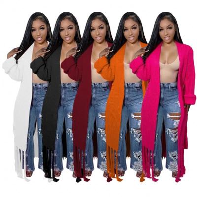 China QUICK DRY Ladies Trendy Fall Womens Knitted Tassel Long Coat with Belt 2022 Casual Cardigan Coats for Winter Women Clothing for sale