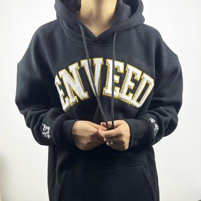 China Plain Black Heavy Pullover Cotton Embroidery Towel Sweatshirt OEM Anti-Wrinkle OEM Chenille Hoodie Oversized Hoodie For Men for sale