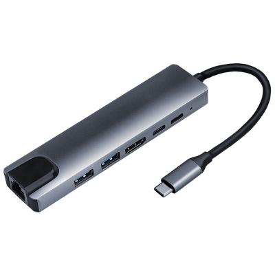 China Notebook 6 In 1 USB Type-c Hub Multi-function USB3.0 Hub Type-C To HDMI 4K 100W PD Fast Charge with 100Mbps Lan USB C Docking Station for sale