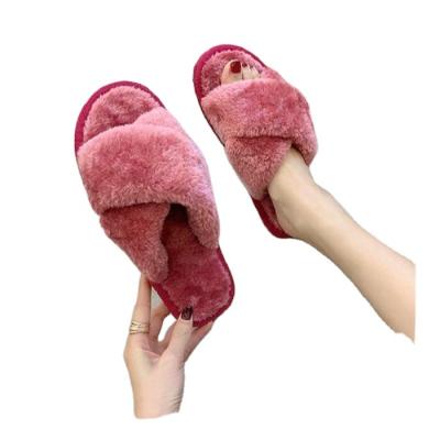 China CUSHIONING home indoor soft Fuzzy Slippers Fur Cross Open fluffy Toe Fur Slides Comfortable Dropshipping Women's Fashion Slippers for sale