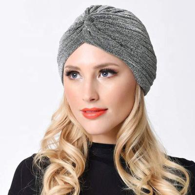 China Decorate Casual Lady Head Warp Accessories India Hat Gold Bling Turban Hat Twist Knot Metallic Muslim Inner Hijab Bandana Hat for sale