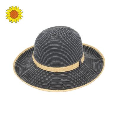 China Stylish Character Summer Women Hand Stitched Multicolor Ribbon Braid Raffia Cloche Bucket Wide Brim Foldable Sun Hat UPF 50+ for sale