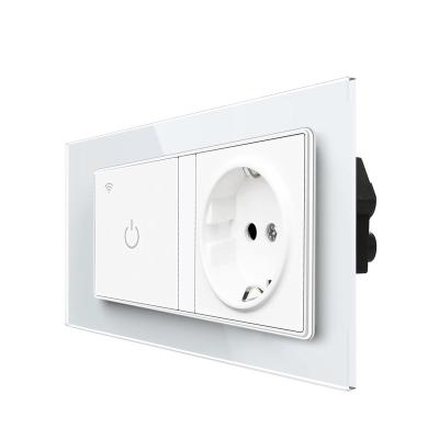 China EU Standard 146*86 Switch And Socket Residential/Multi-Purpose Smart Home Graffiti Wifi Switch Tempered Glass Combo Panel With Google Alexa Home for sale
