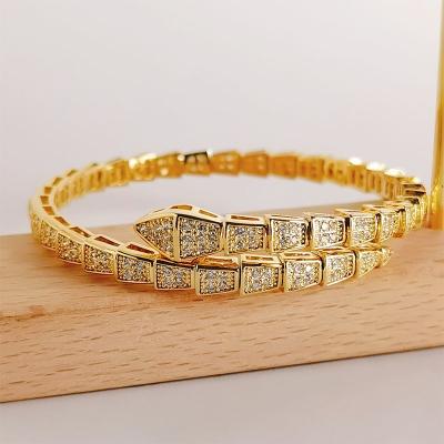 China Environmental Friendly 14k Gold Snake Bangle Bracelet For Women Cubic Diamond Cuff Bracelets Fashion Snake Zircon Bracelets for sale
