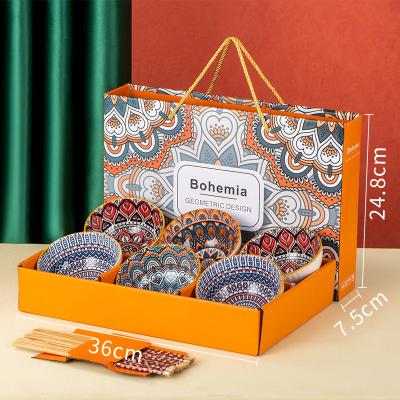 China Sustainable Bohemian Style Ceramic Bowls With Chopsticks Set Porcelain Bowl Set Ceramic Bowl For Gift for sale