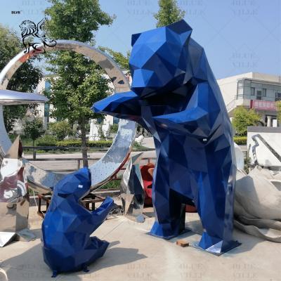 China Stainless Steel Bear Sculpture Blue Geometric Mirror Metal Animal Statue Modern Art Outdoor Garden en venta