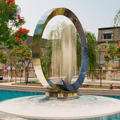 China Gran escultura circular de acero inoxidable Fuente Arte moderno Abstracto Estatua a medida Decoración de piscina al aire libre en venta