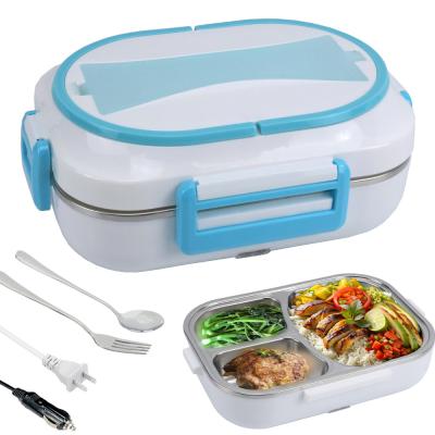 China Caja de almuerzo eléctrica de 60W de cuatro llaves de mano12V/24V Caja de almuerzo con bolsa de transporte y tenedor y cuchara Blanco azul en venta
