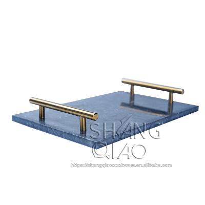 China Sustainable Natural Marble Stone 12-Inch Serving Tray With Metal Handles for sale