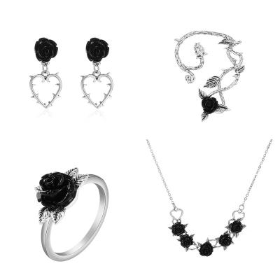 China European and retro women's Valentine's Day simple three-dimensional flower ear clip earring set American simple pink ring necklace for sale