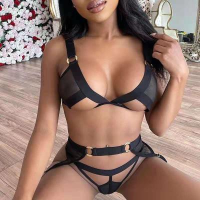 China 2022 High Quality Hot Selling Women's 3 Piece Bra And Panty Set Sexy Lingerie Set With Garter Belts Mesh Lingerie Set Women for sale