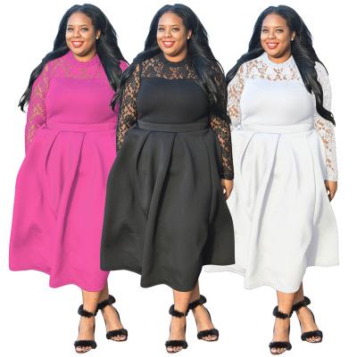 China Anti-Static Popular Products 2024 Spliced Lace Round Neck Long Sleeve Plus Size Women Clothing 2024 Elegant Dresses for sale