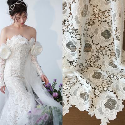 China Crochet Guipure Lace Fabric With Rose Flower Wedding Gown Prom Dress DIY 130cm Wide Bridal Veil Embroidered for sale