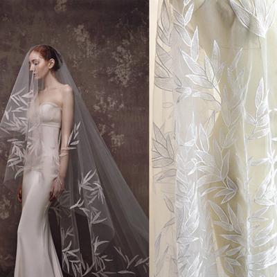 China Viable Viable Ivory Bamboo Leaf Tulle Lace Mesh Fabric Delicate Tulle Lace Fabric For Capelets Bridal Headpiece Covers Wedding Dress for sale
