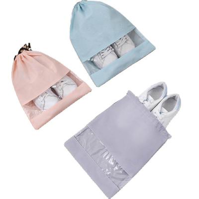 China Factory Supply Travel Drawstring Bag Eco-friendly Non Woven Shoes Bag Dust Bag With Clear Window for sale