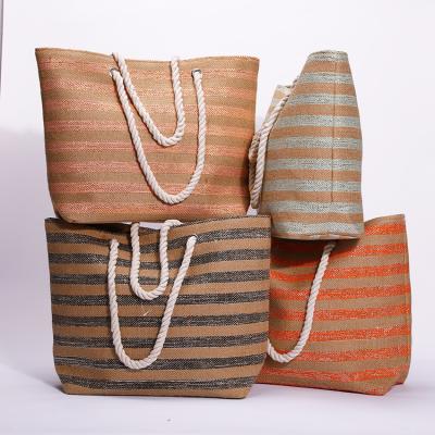 China Fashion Wholesale Custom Shopping Bag Stripe Shoulder Shopping Bag Jute Shopping Bag With Shiny Line for sale