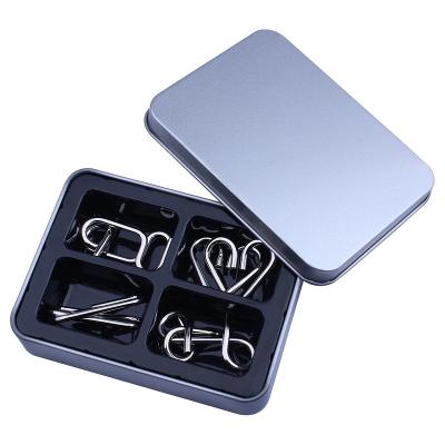 China Educational Toy Hot Sale 4pcs/Set 3D Metal Puzzle With Tin Box Brain Teaser Puzzle Game For Children for sale