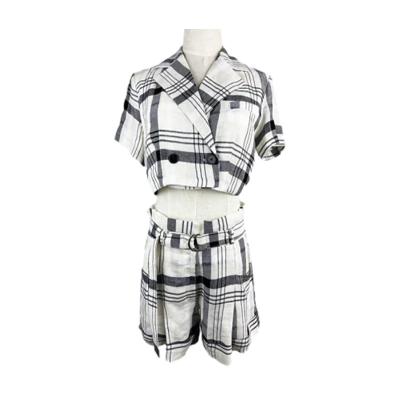 China New 2023 summer fashion women breathable shorts blazer with notch neck lapel collar and plaid shorts two-piece outfits for sale