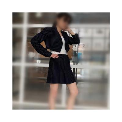 China Fashion Comfortable Navy Striped Short Blazer And Knee Length Breeches Ladies Uniform Suit for sale