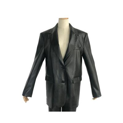 China Windproof Women's Fashion Black PU Tailored Ladies Leather Button Ladies PU Blazer for sale