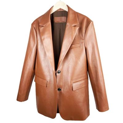 China PU Windproof Front Button Apparel Jacket Fashion Brown Leather Oversized Double Breasted Blazer for sale