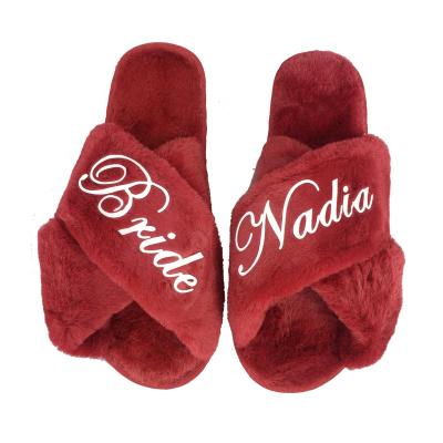 China Custom Made Indoor Wine Red Fur Women's Soft Fur Slippers For Wedding Birthday Hen Party Bridesmaid Gifts for sale