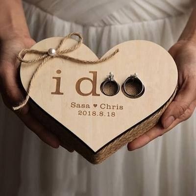 China Ring Bearer Box Wedding Anniversary Rustic Recyclable Engraved Vintage Wood Ring Holder Valentine's Day Gift Box for sale